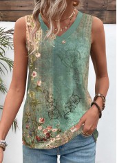 ROTITA Patchwork Tribal Print Green V Neck Sleeveless T Shirt