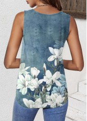 Dusty Blue tops,Floral tops,Plants tops,ROTITA Pleated Floral Print Dusty Blue Square Neck Tank Top