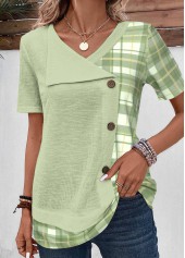 rotita patchwork plaid vert clair col en v blouse à manches courtes