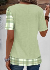 Light Green tops,Plaid tops,Striped tops,Geometric tops,ROTITA Patchwork Plaid Light Green V Neck Short Sleeve Blouse