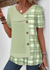 Light Green tops,Plaid tops,Striped tops,Geometric tops,ROTITA Patchwork Plaid Light Green V Neck Short Sleeve Blouse
