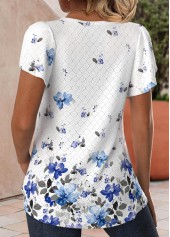 White tops,Dusty Blue tops,Floral tops,Plants tops,ROTITA Hollow Out Floral Print White V Neck T Shirt