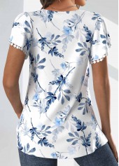 White tops,Dusty Blue tops,Floral tops,Plants tops,ROTITA Tuck Stitch Floral Print White V Neck T Shirt