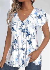 White tops,Dusty Blue tops,Floral tops,Plants tops,ROTITA Tuck Stitch Floral Print White V Neck T Shirt