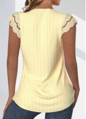 Light Yellow tops,Plain Color tops,ROTITA Button Light Yellow Split Neck Short Sleeve Blouse