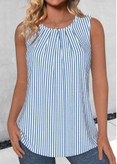 Blue tops,White tops,Striped tops,Geometric tops,ROTITA Button Striped Blue Round Neck Sleeveless Tank Top