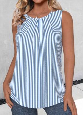 Blue tops,White tops,Striped tops,Geometric tops,ROTITA Button Striped Blue Round Neck Sleeveless Tank Top