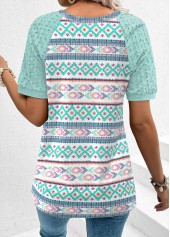 Mint Green tops,Geometric tops,ROTITA Patchwork Geometric Print Mint Green Round Neck T Shirt