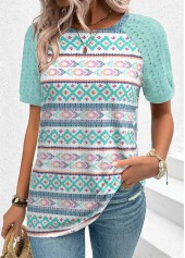 Mint Green tops,Geometric tops,ROTITA Patchwork Geometric Print Mint Green Round Neck T Shirt