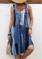 ROTITA Circular Ring Graffiti Print Denim Blue A Line Dress