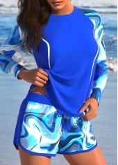 Royal Blue swimwear,Striped swimwear,Geometric swimwear,ROTITA Patchwork Royal Blue Wave Pattern Print Tankini Set