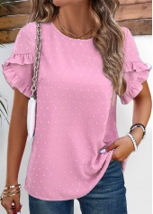 Pink tops,Plain Color tops,Button Pink Round Neck Short Sleeve Blouse