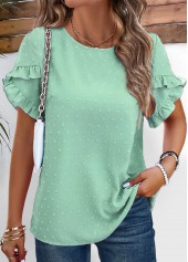 Light Green tops,Plain Color tops,Button Light Green Round Neck Short Sleeve Blouse