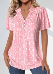 Pink tops,Geometric tops,Dot tops,Striped tops,ROTITA Frill Geometric Print Pink Split Neck Short Sleeve Blouse