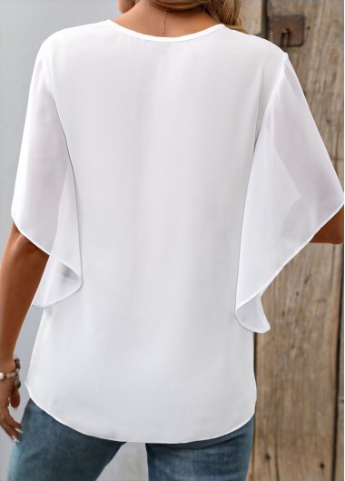 White tops,Plain Color tops,ROTITA Fake 2in1 White V Neck Short Sleeve T Shirt