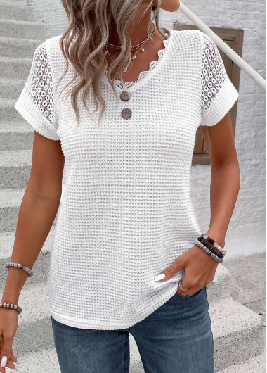 White tops,Plain Color tops,ROTITA Patchwork White V Neck Short Sleeve T Shirt