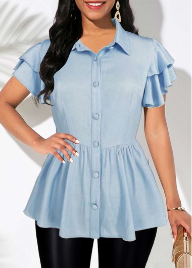 Denim Blue tops,Plain Color tops,ROTITA Button Denim Blue Shirt Collar Short Sleeve Blouse