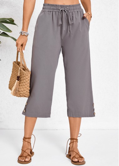 Dark Grey bottoms,Plain Color bottoms,Pocket Dark Grey Elastic Waist High Waisted Pants