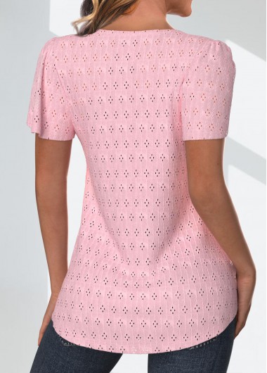 Light Pink tops,Plain Color tops,ROTITA Lace Light Pink Round Neck Short Sleeve T Shirt