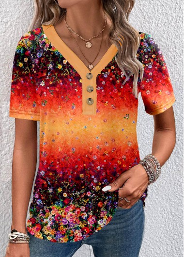 Orange tops,Ditsy Floral tops,Ombre tops,ROTITA Button Ditsy Floral Print Orange V Neck T Shirt