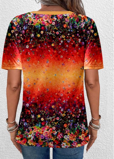 Orange tops,Ditsy Floral tops,Ombre tops,ROTITA Button Ditsy Floral Print Orange V Neck T Shirt