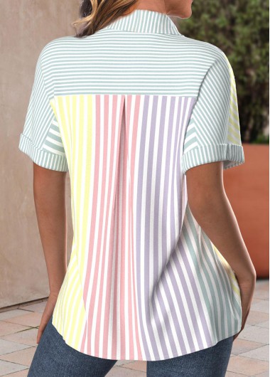 Multi Color tops,Striped tops,Geometric tops,ROTITA Button Striped Multi Color Shirt Collar Short Sleeve Blouse