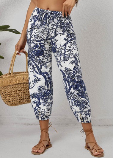 White bottoms,Blue bottoms,Plants bottoms,Floral bottoms,Pocket Leaf Print White Jogger Drawastring Mid Waisted Pants