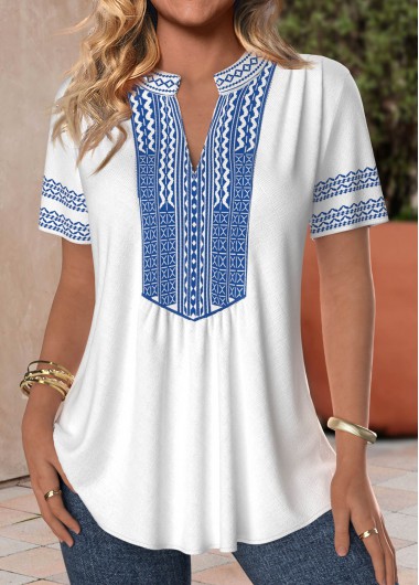 White tops,Blue tops,Tribal tops,Geometric tops,ROTITA Patchwork Tribal Print White Split Neck Short Sleeve Blouse