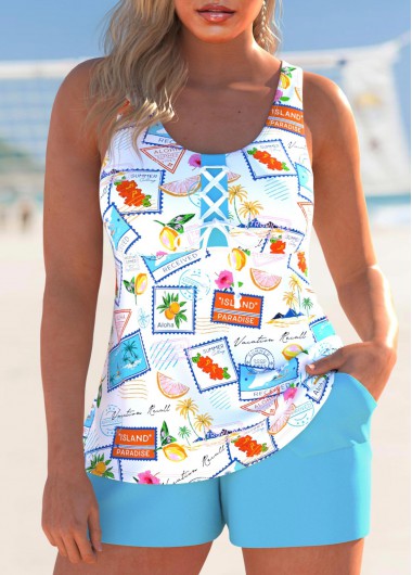 Cyan swimwear,Letter swimwear,Plants swimwear,ROTITA Lace Up Cyan Letter Print Tankini Set