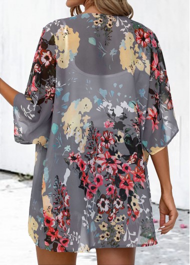 Dark Grey tops,Floral tops,Plants tops,Floral Print Dark Grey 3/4 Sleeve Light Cardigan