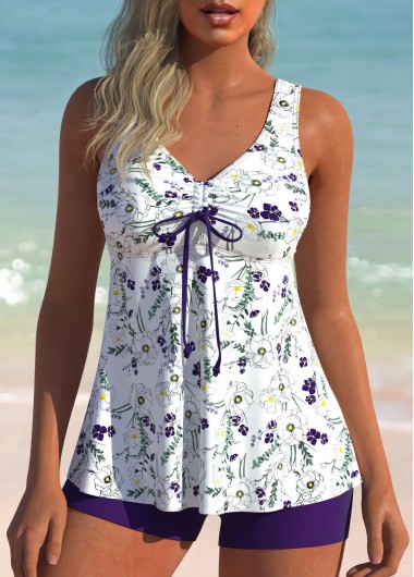 Purple swimwear,Floral swimwear,Plants swimwear,ROTITA Ruched Purple Floral Print Tankini Set