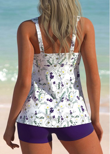 Purple swimwear,Floral swimwear,Plants swimwear,ROTITA Ruched Purple Floral Print Tankini Set