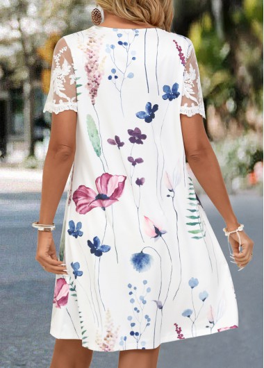 White dresses,Floral dresses,Plants dresses,Everyday dresses,Casual dresses,Lace Floral Print White Short A Line Dress