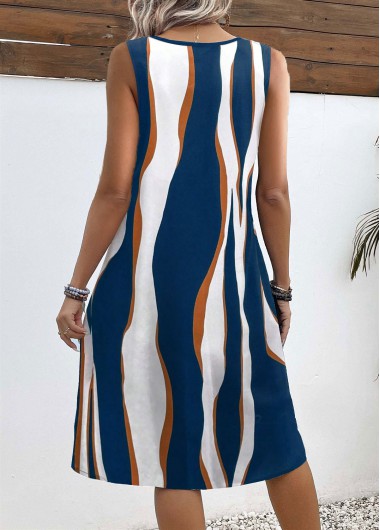 Peacock Blue dresses,Striped dresses,Geometric dresses,Everyday dresses,Casual dresses,ROTITA Pocket Wave Pattern Print Peacock Blue A Line Dress