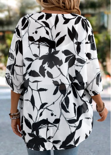 White tops,Plants tops,Lightweight Leaf Print White 3/4 Sleeve Light Cardigan