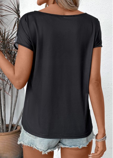 Black tops,Floral tops,Plants tops,Floral Print Black Split Neck Short Sleeve T Shirt