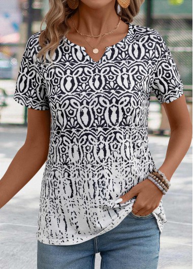 Black tops,White tops,Tribal tops,Tribal Print Black Split Neck Short Sleeve T Shirt