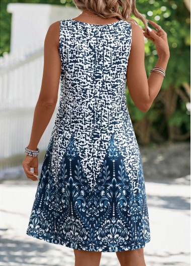 Peacock Blue dresses,White dresses,Tribal dresses,Everyday dresses,Casual dresses,Pocket Tribal Print Peacock Blue A Line Sleeveless Dress