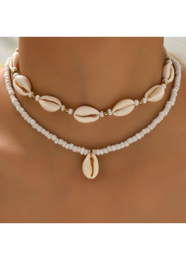 White jewelry,Beige jewelry,Contrast Color jewelry,Beaded Seashell Design White Necklace Set