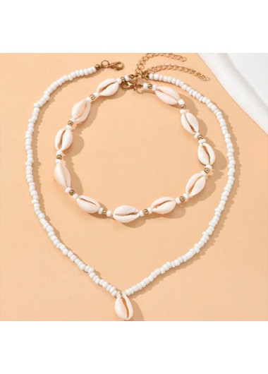 White jewelry,Beige jewelry,Contrast Color jewelry,Beaded Seashell Design White Necklace Set