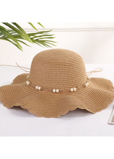 Dark Camel accessories,Plain Color accessories,Dark Camel Scalloped Hem Beads Straw Hat