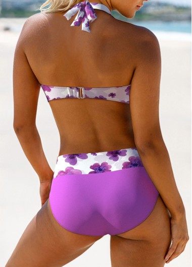 Purple swimwear,White swimwear,Floral swimwear,Plants swimwear,ROTITA Criss Cross Purple Floral Print Bikini Set