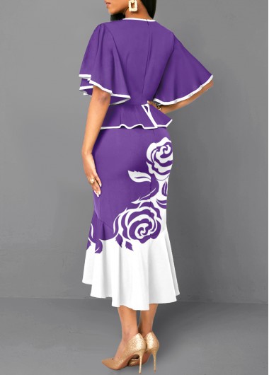Purple dresses,White dresses,Floral dresses,Plants dresses,Party dresses,Elegant dresses,Mermaid Floral Print Purple High Low Bodycon Dress