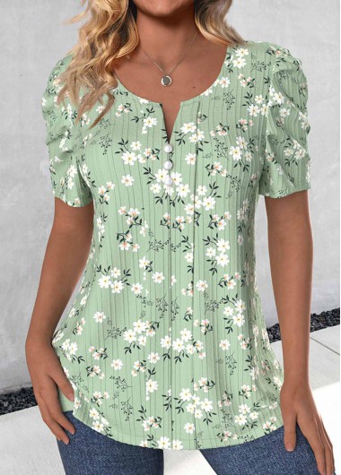 Light Green tops,Ditsy Floral tops,ROTITA Button Ditsy Floral Print Light Green T Shirt