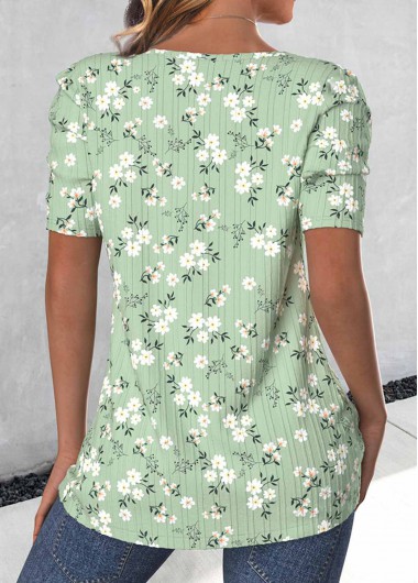 Light Green tops,Ditsy Floral tops,ROTITA Button Ditsy Floral Print Light Green T Shirt