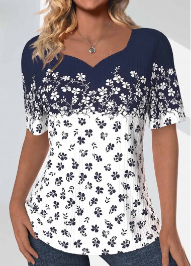 Navy tops,White tops,Ditsy Floral tops,ROTITA Textured Fabric Ditsy Floral Print Navy T Shirt