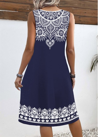 Navy dresses,Tribal dresses,Dot dresses,Everyday dresses,Casual dresses,ROTITA Tummy Coverage Tribal Print Navy V Neck Sleeveless Dress