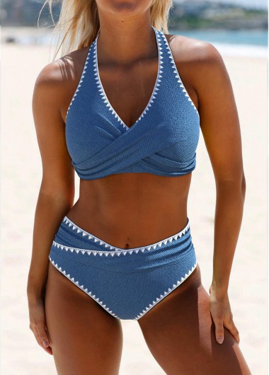 Denim Blue swimwear,Plain Color swimwear,ROTITA Criss Cross Denim Blue Tie Back Bikini Set