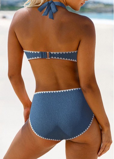 Denim Blue swimwear,Plain Color swimwear,ROTITA Criss Cross Denim Blue Tie Back Bikini Set