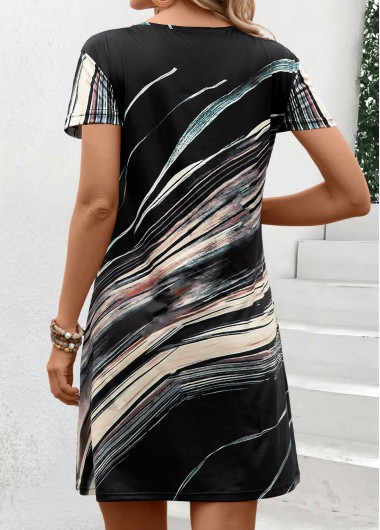 Black dresses,Striped dresses,Geometric dresses,Party dresses,Elegant dresses,Patchwork Multi Stripe Print Black Short Shift Dress